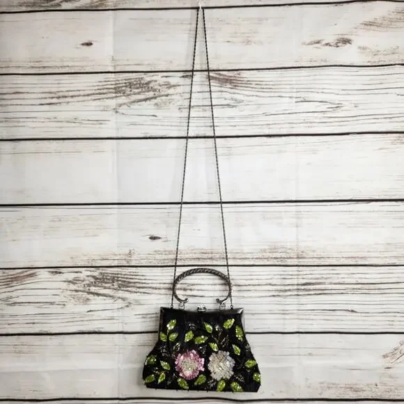 CEM Vintage Black Sequins Silver Handle Purse Mini Bag Floral - Picture 4 of 8